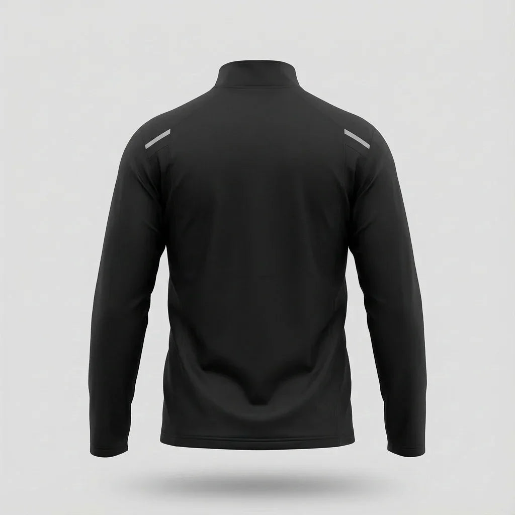 Back view of black Battle Bunker zip-up jacket with long sleeves and reflective shoulder stripes