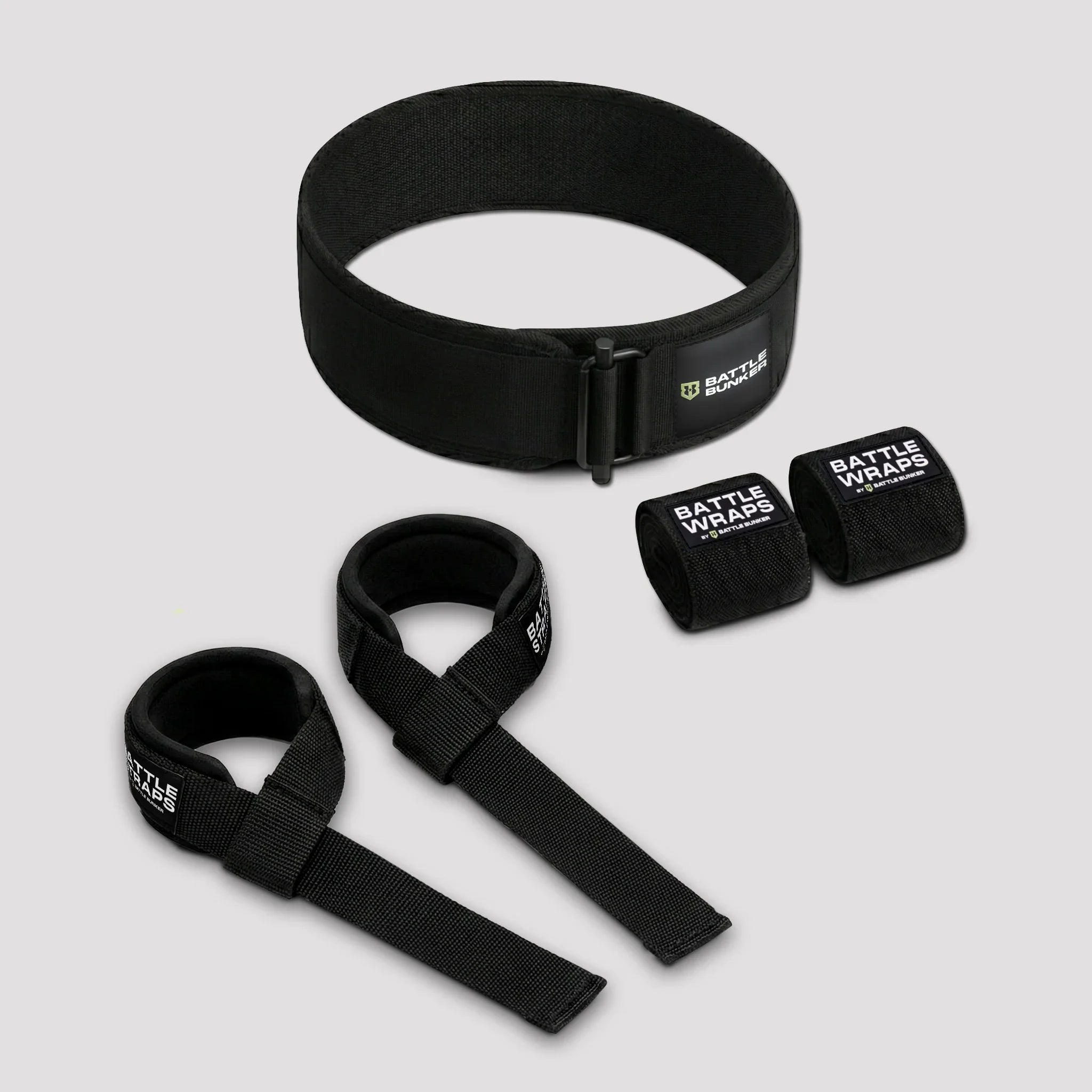 Battle Bunker black lifting belt with straps and wrist wraps fitness bundle on gray background