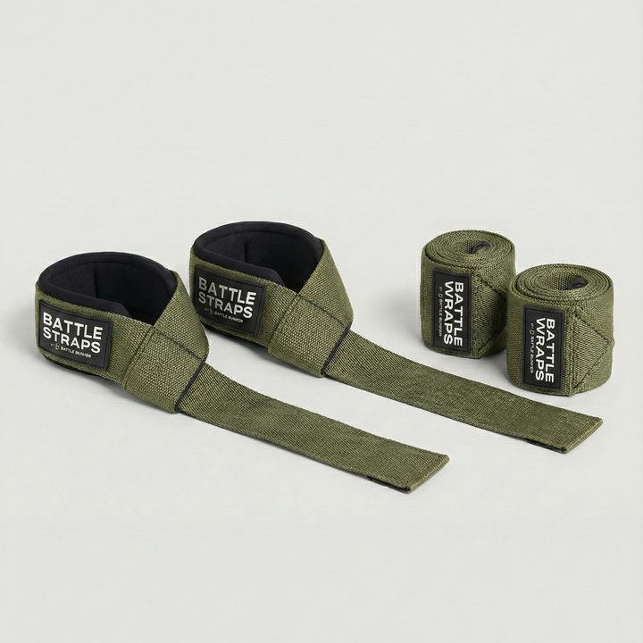 Olive green battle straps with black wrist wraps on a white background