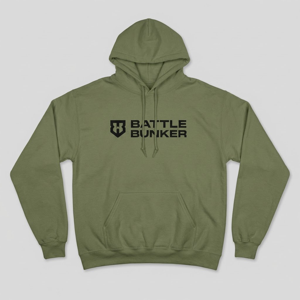 Green hoodie with 'Battle Bunker' logo on a light gray background