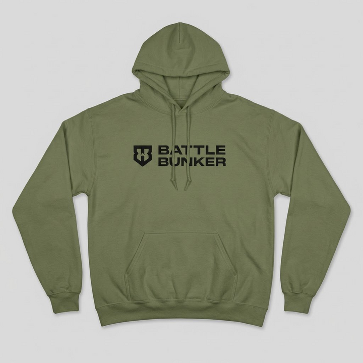 Green hoodie with 'Battle Bunker' logo on a light gray background