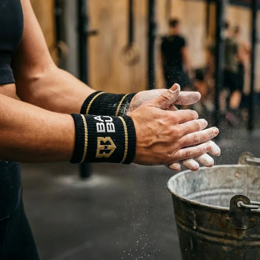 Close-up of athlete wearing black Battle Bunker wrist sweatbands clapping chalked hands in gym setting