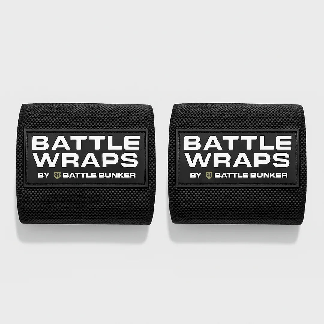 Pair of black Battle Wraps by Battle Bunker fitness wrist wraps on white background