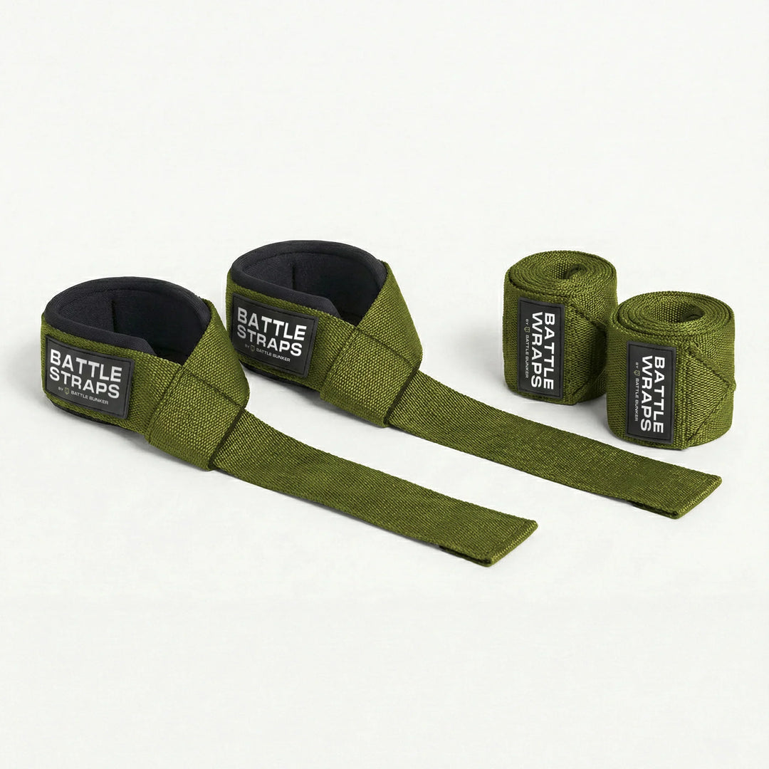 Battle Bunker green lifting straps and wraps bundle with padded wrist support on white background