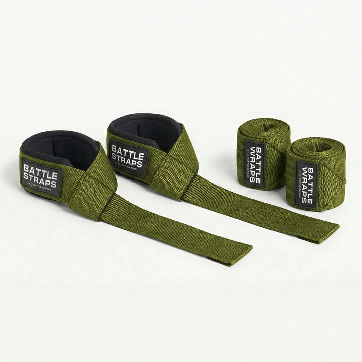 Battle Bunker green lifting straps and wraps bundle with padded wrist support on white background