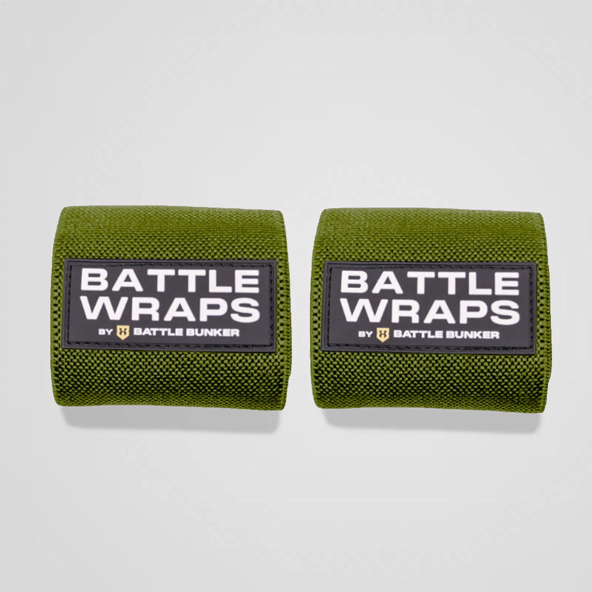 Two olive green Battle Bunker wraps labeled Battle Wraps, durable fabric lifting straps