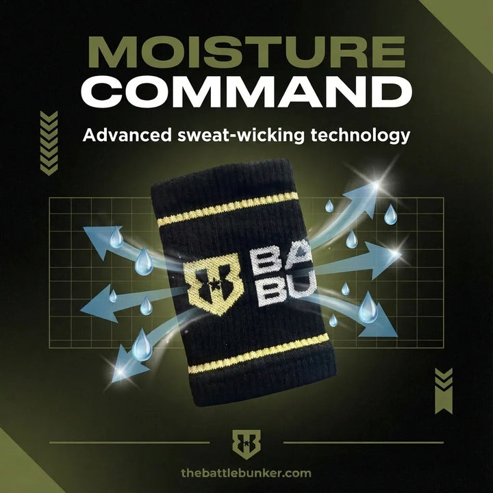 Battle Bunker sweat-wicking wristband with moisture command technology and arrows showing sweat evaporation