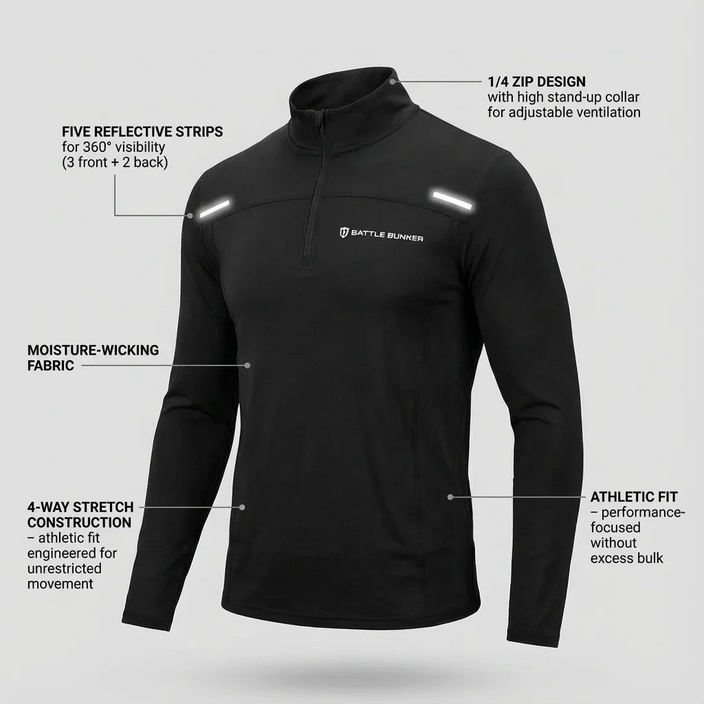 Black Battle Bunker athletic fit zip-up shirt with reflective strips and moisture-wicking fabric