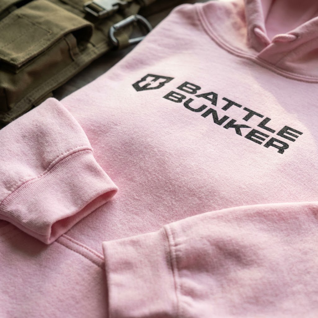 Pink hoodie with 'Battle Bunker' logo on a wooden surface