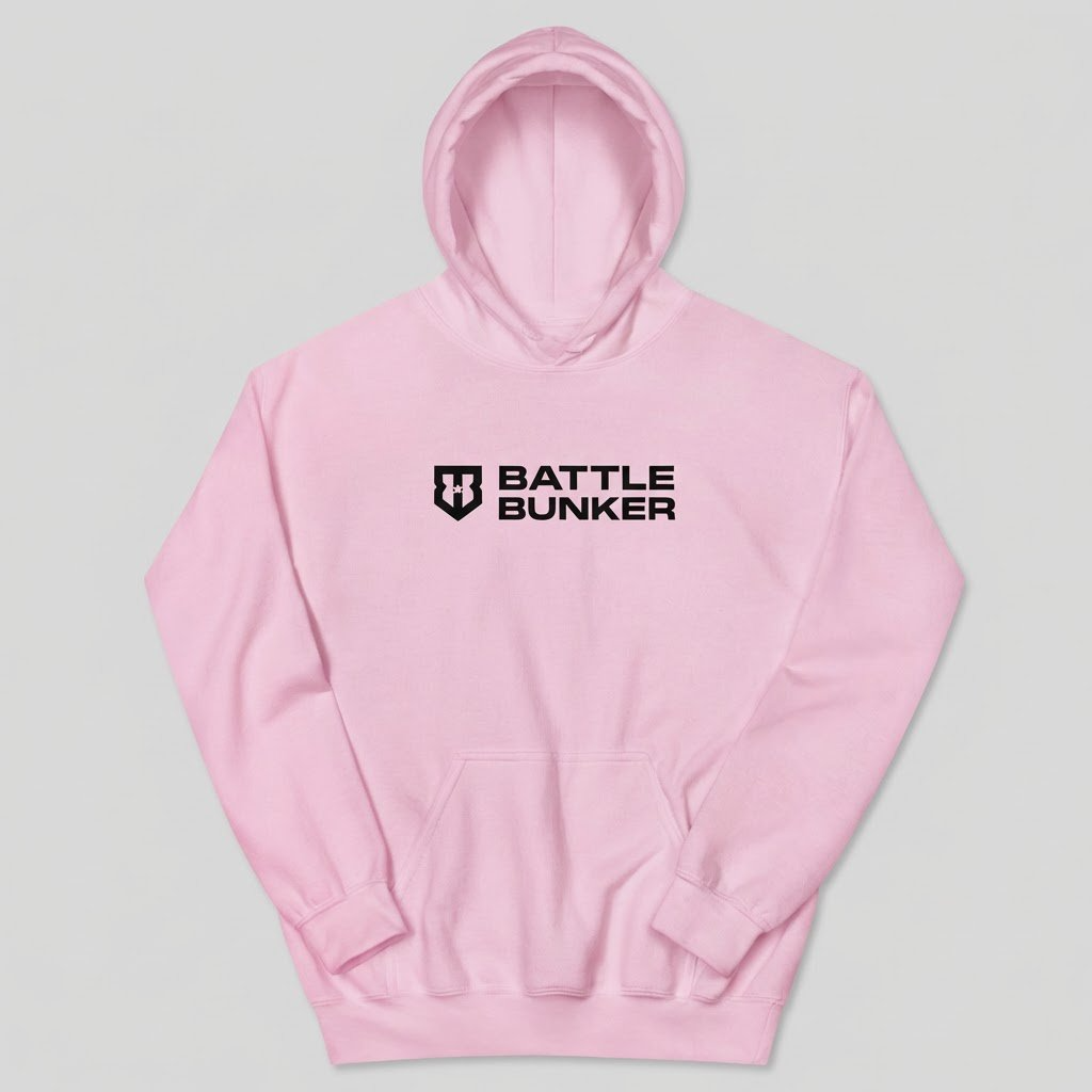 Pink hoodie with 'Battle Bunker' logo on a light gray background