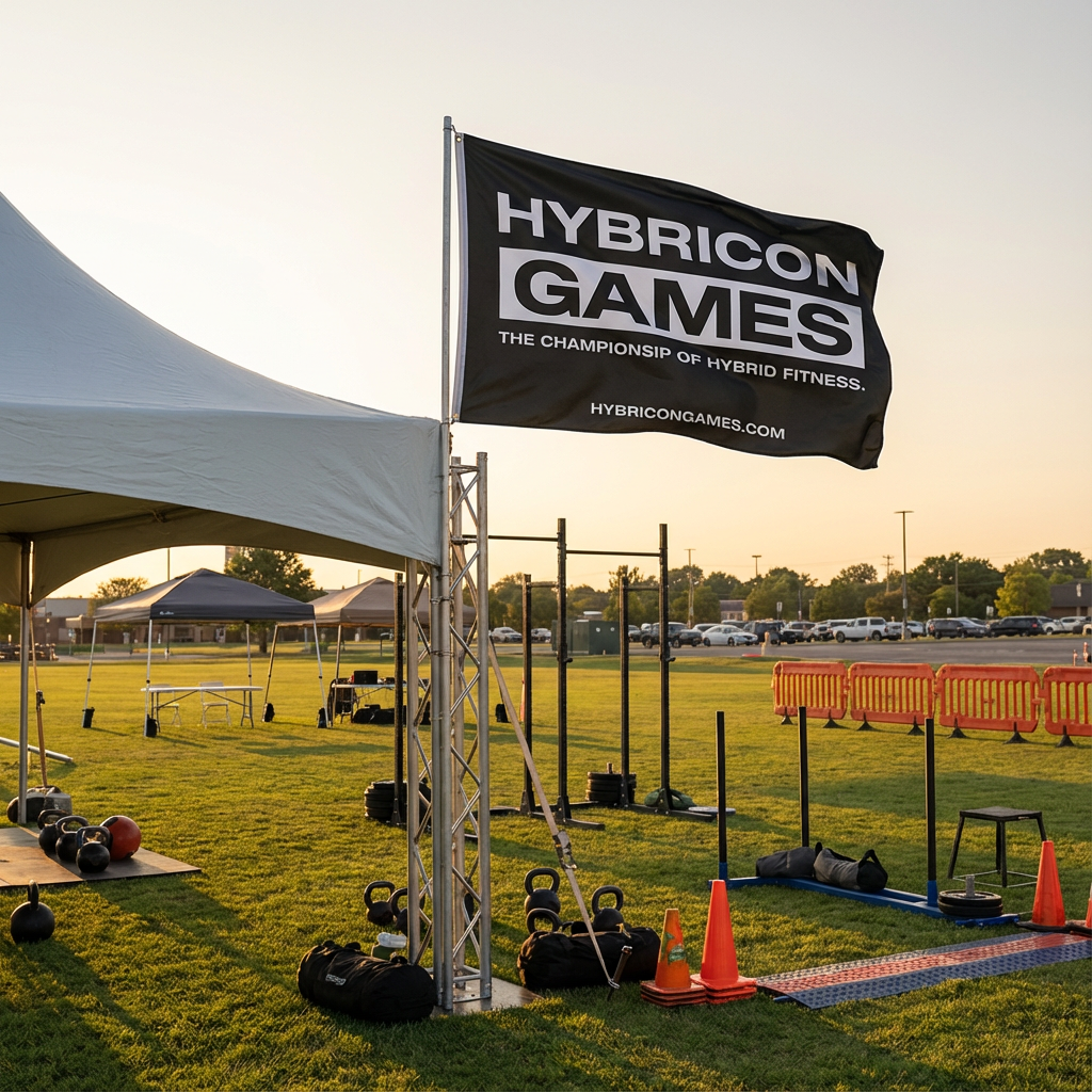 Outdoor fitness event setup with 'Hybricon Games' flag and exercise equipment.
